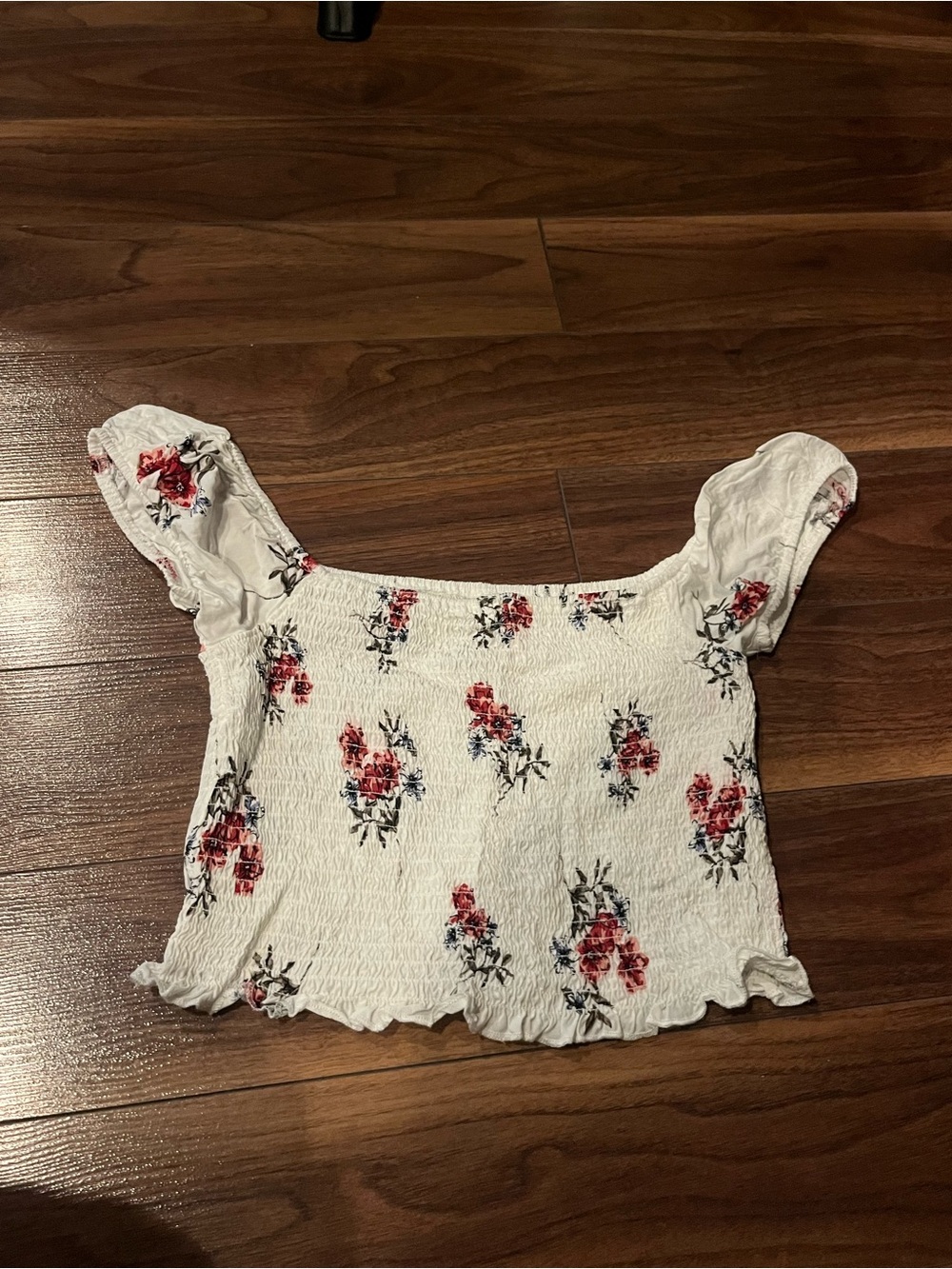Garage White Floral Smocked Off-Shoulder Crop Top